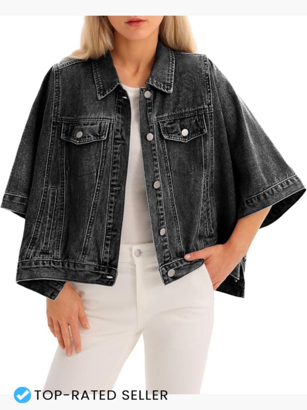 Womens Oversized Cropped Denim Cape Jacket Black Casual Shacket Button Down